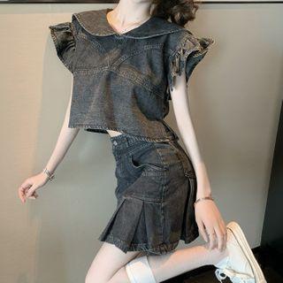 Set: Ruffled Loose-fit Denim Top + Pleated Denim Skirt