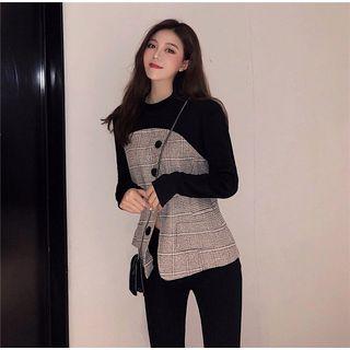Patchwork Mock Two-piece Plaid Blouse With Belt