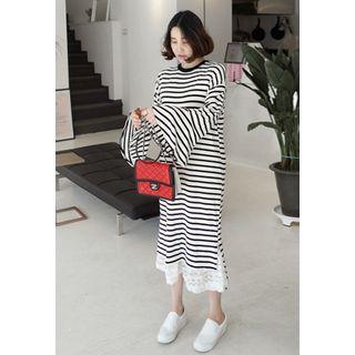 Ruffle-cuff Striped Long T-shirt Dress