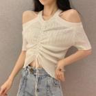 Cutout Shoulder Rhinestone Ruched Front Knit Top