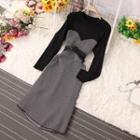 Long-sleeve Mock Two Piece Knit Midi Dress Black - One Size