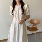 Short-sleeve Ruffle Trim Plain Blouse + High-waist Plain A-line Skirt Light Almond - One Size