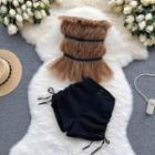Set Of 2 : Sleeveless Off-shoulder Mesh Cropped Top + High-waist Drawstring Lace-up Shorts