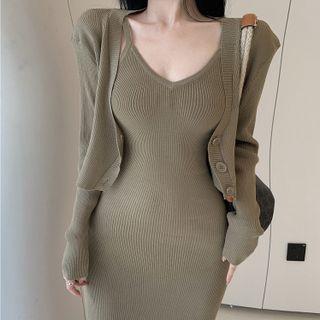 Set: Long Sleeve Plain Cardigan + Plain Knit Spaghetti Strap Dress