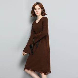 V-neck Long-sleeve A-line Knitted Dress
