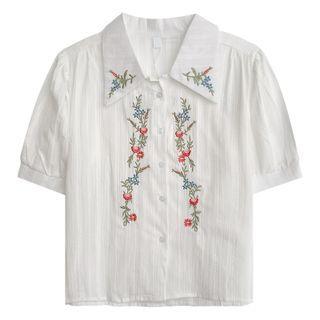 Short-sleeve Flower Embroidered Shirt White - One Size