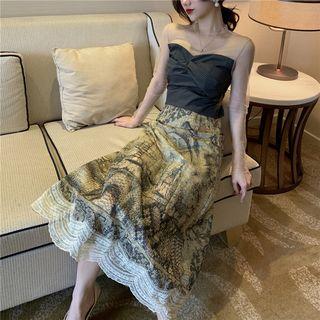 Mesh Panel Crop Top / Printed A-line Midi Skirt