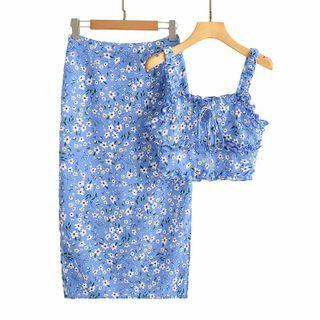 Set: Spaghetti Strap Floral Print Top + Midi Pencil Skirt