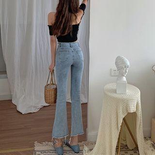 Front-slit Rhinestone Cropped Boot-cut Jeans