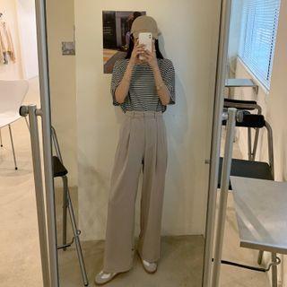 Striped Elbow-sleeve T-shirt / High-waist Wide-leg Dress Pants