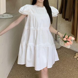 Puff-sleeve Lace Trim Smock Dress White - One Size
