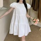Puff-sleeve Lace Trim Smock Dress White - One Size