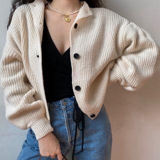 Stand-collar Lantern-sleeve Cardigan Off-white - One Size