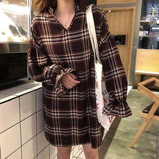 Color-block Check Lantern-sleeve Blouse Dress