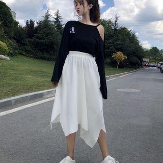 Long-sleeve Embroidered Cold-shoulder T-shirt / Asymmetrical A-line Midi Skirt