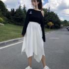 Long-sleeve Embroidered Cold-shoulder T-shirt / Asymmetrical A-line Midi Skirt