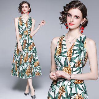 Sleeveless Pineapple Print Midi A-line Dress