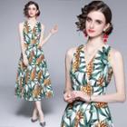 Sleeveless Pineapple Print Midi A-line Dress