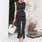 Set: Sleeveless Belted Top + Slim-fit Cropped Pants