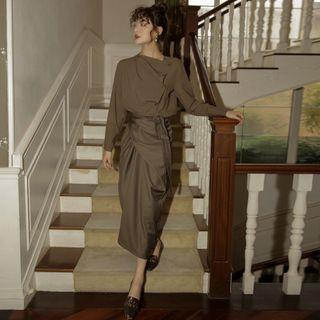 Buttoned Blouse / Twisted Midi Straight-fit Skirt