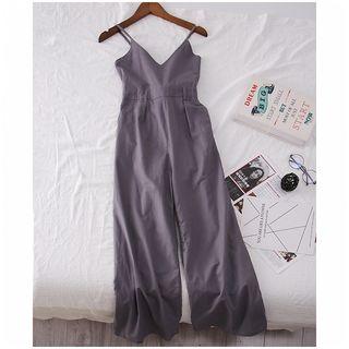 Spaghetti-strap Tie-waist Wide-leg Jumpsuit Gray - S
