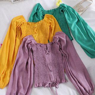 Lantern-sleeve Smocked Lace-up Blouse
