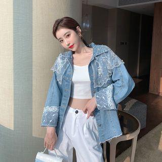 Lace Trim Denim Jacket Light Blue - One Size