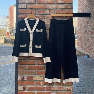 Contrast-trim Knit Cardigan & Pants Set