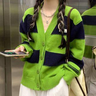V-neck Striped Cardigan Black & Green - One Size