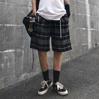 Drawstring Waist Plaid Straight-cut Shorts