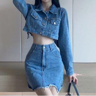 Set: Denim Cropped Jacket + Mini Pencil Skirt