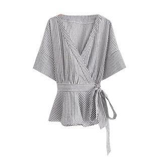 Elbow-sleeve Striped Wrap Top