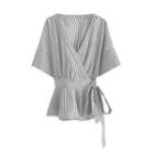 Elbow-sleeve Striped Wrap Top
