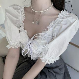 Lace Trim Puff Short-sleeve Cropped Blouse/ Lace-trim Pleated Skirt