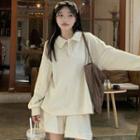 Long-sleeve Polo-neck Loose-fit Sweatshirt / Wide Leg Shorts