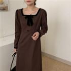 Long-sleeve Bow-accent A-line Dress Brown - One Size