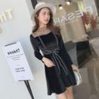 Long-sleeve Sheer Panel A-line Velvet Mini Dress