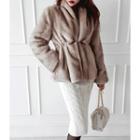 Shawl-collar Hook-and-eye Faux-fur Jacket