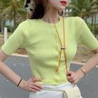 Short-sleeve Button-up Knit Top Green - One Size