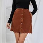 Corduroy Buttoned Wavy Hem A-line Skirt