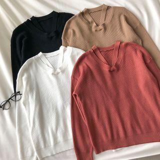 Plain V-neck Long-sleeve Long-sleeve Sweater