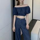 Short-sleeve Denim Crop Top / Wide Leg Jeans