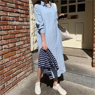 Pocket-detail Long Shirtdress Blue - One Size