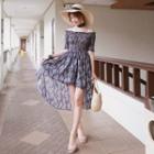 Elbow-sleeve Off-shoulder Dip-back Patterna-line Dress