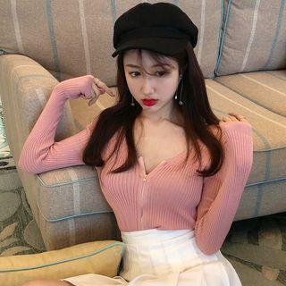 Zip Detail Long-sleeve Knit Top Mauve Pink - One Size