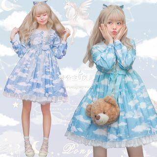 Cloud Print Long-sleeve A-line Dress