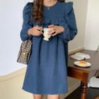 Long-sleeve Riffle Trim Smock Dress