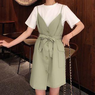 Crew-neck Short-sleeve T-shirt / Tie Waist Spaghetti Strap Dress