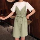 Crew-neck Short-sleeve T-shirt / Tie Waist Spaghetti Strap Dress