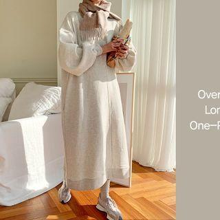 Cutaway-neck Maxi Sweatshirt Dress Oatmeal - One Size
